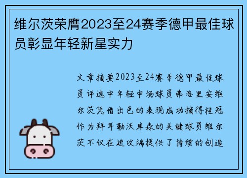 维尔茨荣膺2023至24赛季德甲最佳球员彰显年轻新星实力